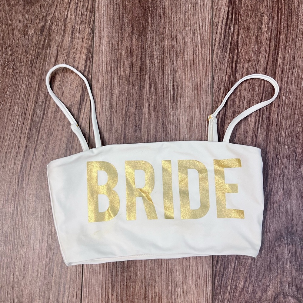 Show Me Your MuMu White Bikini Top with Gold 'BRIDE' Print